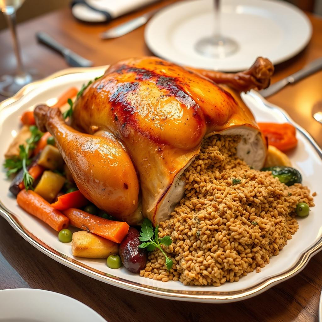 A beautifully roasted chicken stuffed with freekeh, presented on an elegant serving platter