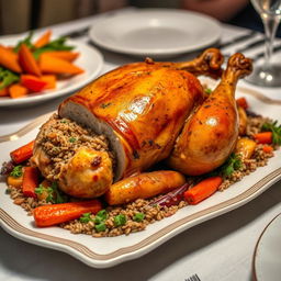 A beautifully roasted chicken stuffed with freekeh, presented on an elegant serving platter