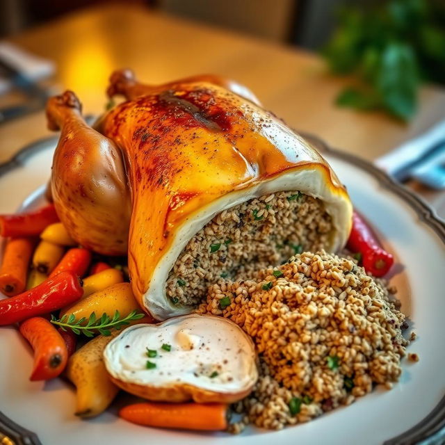 A beautifully roasted chicken stuffed with freekeh, presented on an elegant serving platter