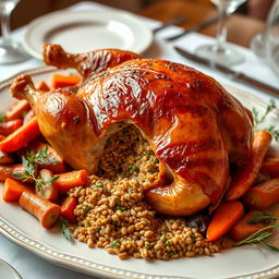A beautifully roasted chicken stuffed with freekeh, presented on an elegant serving platter