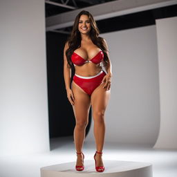 A smiling woman with a voluptuous figure, showing off her busty cleavage, wearing red and white latex panties