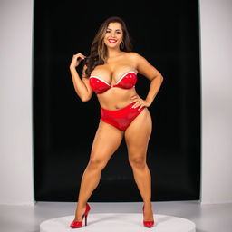 A smiling woman with a voluptuous figure, showing off her busty cleavage, wearing red and white latex panties