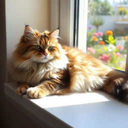 A fluffy, long-haired domestic cat lounging comfortably on a bright sunlit windowsill