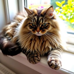 A fluffy, long-haired domestic cat lounging comfortably on a bright sunlit windowsill