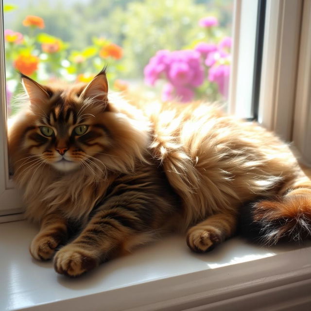 A fluffy, long-haired domestic cat lounging comfortably on a bright sunlit windowsill