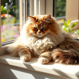 A fluffy, long-haired domestic cat lounging comfortably on a bright sunlit windowsill