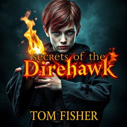 An eerie and captivating ebook cover for a dark magic novel titled 'Secrets of the Direhawk' by author Tom Fisher
