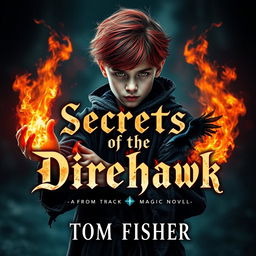 An eerie and captivating ebook cover for a dark magic novel titled 'Secrets of the Direhawk' by author Tom Fisher