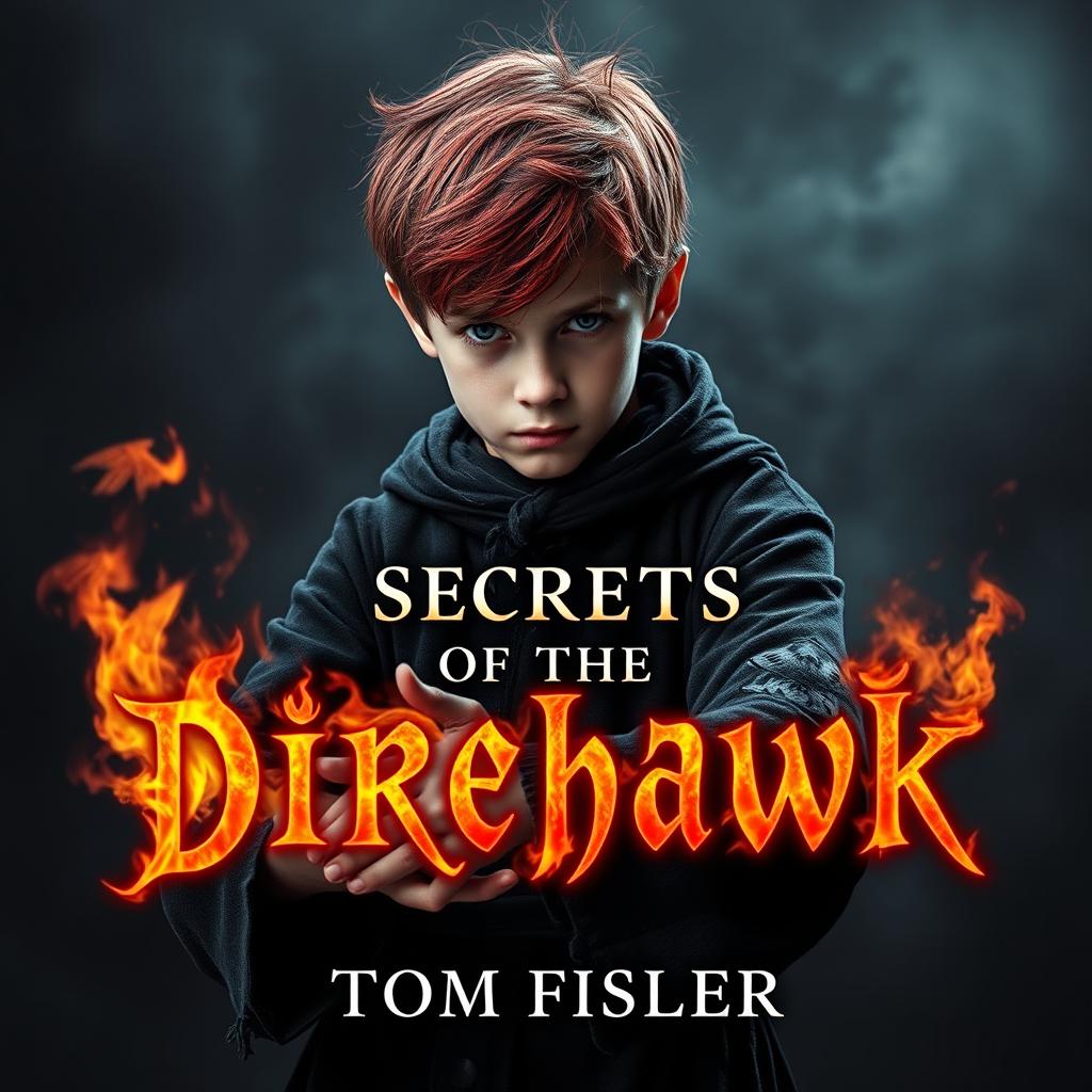 An eerie and captivating ebook cover for a dark magic novel titled 'Secrets of the Direhawk' by author Tom Fisher