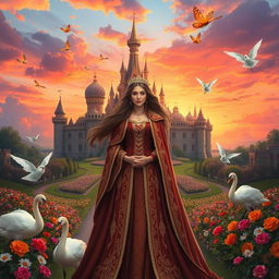 A majestic royal fantasy scene inspired by Sophie Nichols, featuring a grand castle set against a backdrop of a vibrant sunset