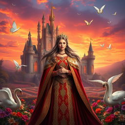 A majestic royal fantasy scene inspired by Sophie Nichols, featuring a grand castle set against a backdrop of a vibrant sunset