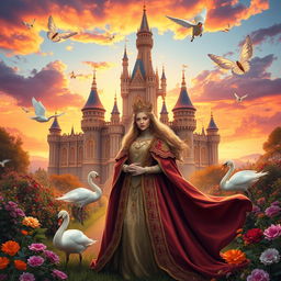 A majestic royal fantasy scene inspired by Sophie Nichols, featuring a grand castle set against a backdrop of a vibrant sunset