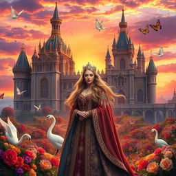 A majestic royal fantasy scene inspired by Sophie Nichols, featuring a grand castle set against a backdrop of a vibrant sunset