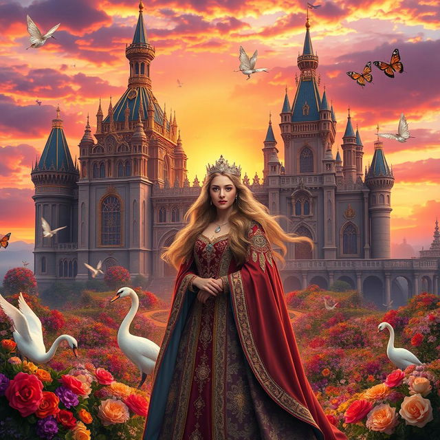 A majestic royal fantasy scene inspired by Sophie Nichols, featuring a grand castle set against a backdrop of a vibrant sunset