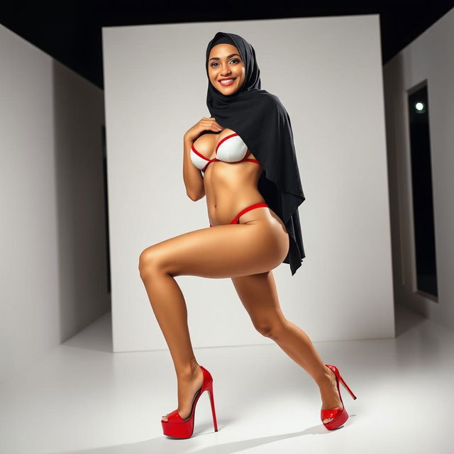 A smiling woman wearing a hijab, showcasing her toned chest and muscular legs