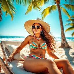 A vibrant beach scene featuring a stylish woman in a colorful bikini, lounging on a sunbed under a bright blue sky