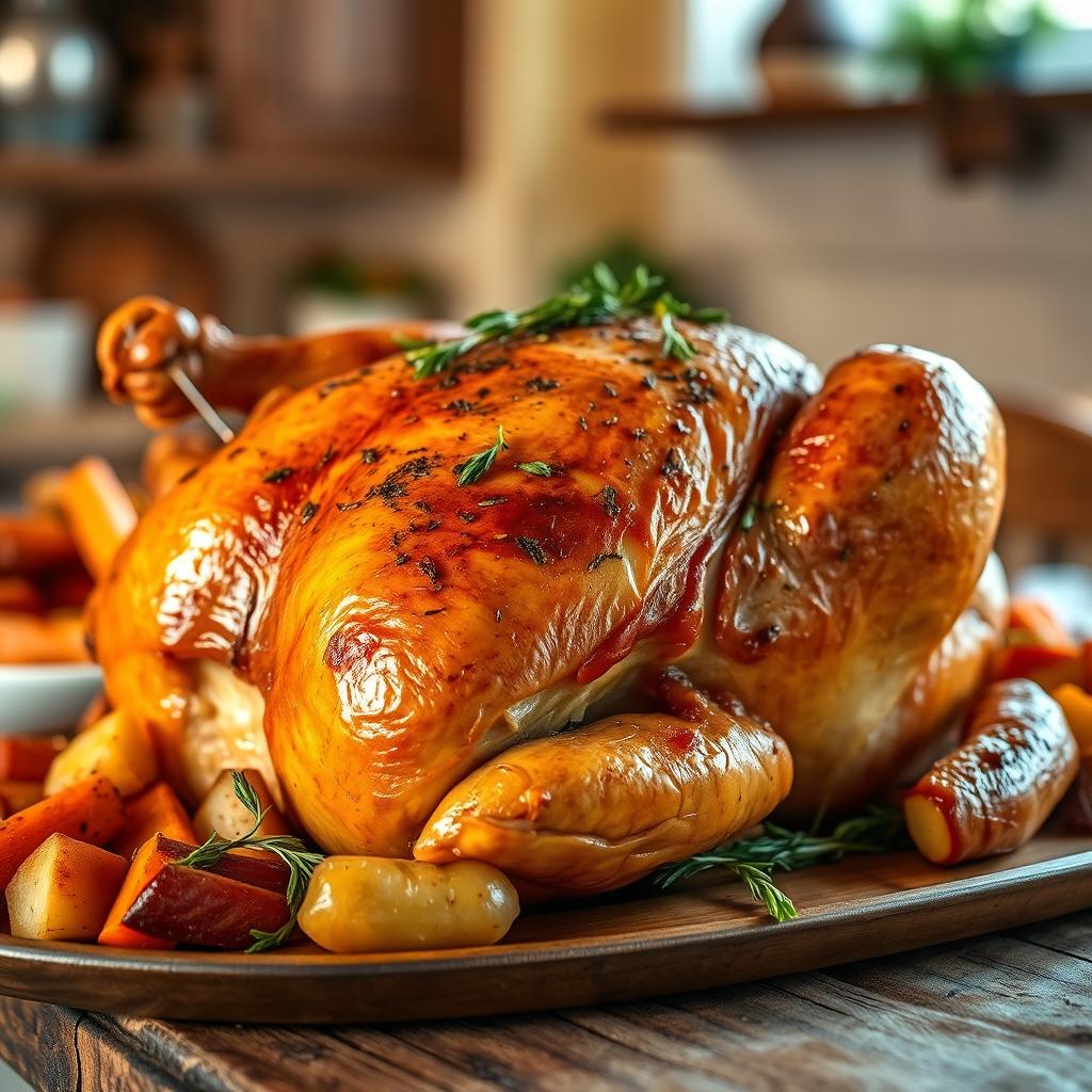 A beautifully roasted whole chicken, golden brown skin with crispy texture, garnished with fresh herbs, placed on a rustic wooden table