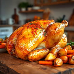 A beautifully roasted whole chicken, golden brown skin with crispy texture, garnished with fresh herbs, placed on a rustic wooden table