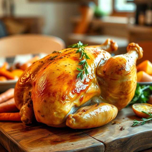 A beautifully roasted whole chicken, golden brown skin with crispy texture, garnished with fresh herbs, placed on a rustic wooden table