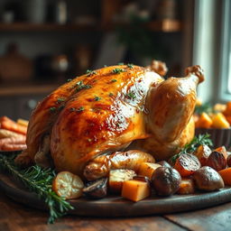 A beautifully roasted whole chicken, golden brown skin with crispy texture, garnished with fresh herbs, placed on a rustic wooden table