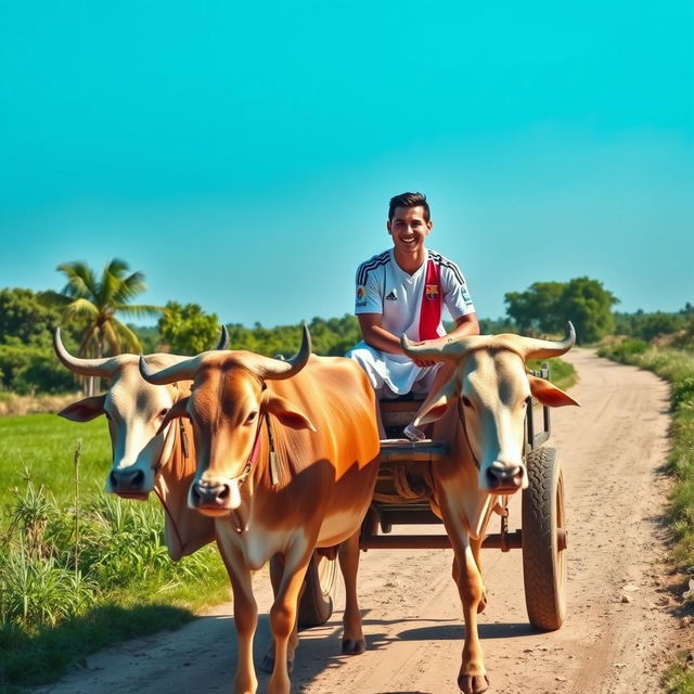 A highly realistic rural scene featuring two young men, Cristiano Ronaldo and Lionel Messi, on a traditional ox cart