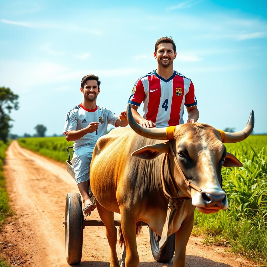 A highly realistic rural scene featuring two young men, Cristiano Ronaldo and Lionel Messi, on a traditional ox cart