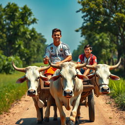 A highly realistic rural scene featuring two young men, Cristiano Ronaldo and Lionel Messi, on a traditional ox cart