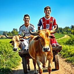 A highly realistic rural scene featuring two young men, Cristiano Ronaldo and Lionel Messi, on a traditional ox cart