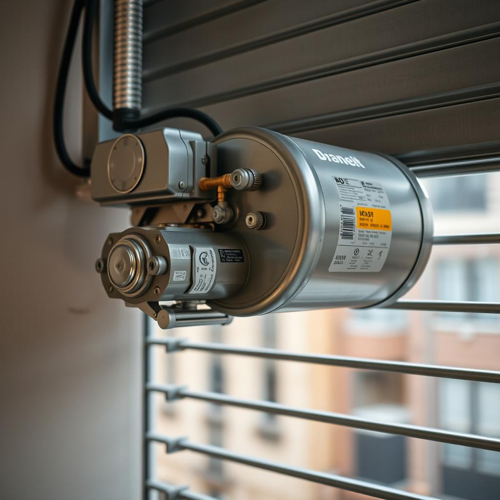 A detailed close-up of a roller shutter motor mounted on a wall, showcasing its gears and mechanisms in action