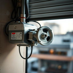 A detailed close-up of a roller shutter motor mounted on a wall, showcasing its gears and mechanisms in action