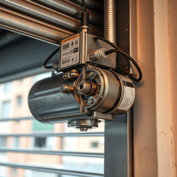 A detailed close-up of a roller shutter motor mounted on a wall, showcasing its gears and mechanisms in action