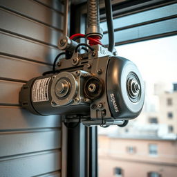 A detailed close-up of a roller shutter motor mounted on a wall, showcasing its gears and mechanisms in action