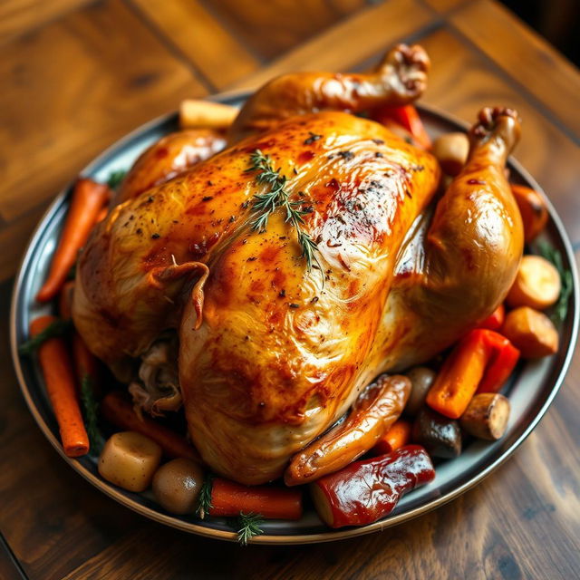 A beautifully roasted whole chicken, garnished with herbs and surrounded by a colorful arrangement of roasted vegetables including carrots, potatoes, and bell peppers, served on an elegant wooden table