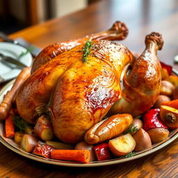 A beautifully roasted whole chicken, garnished with herbs and surrounded by a colorful arrangement of roasted vegetables including carrots, potatoes, and bell peppers, served on an elegant wooden table