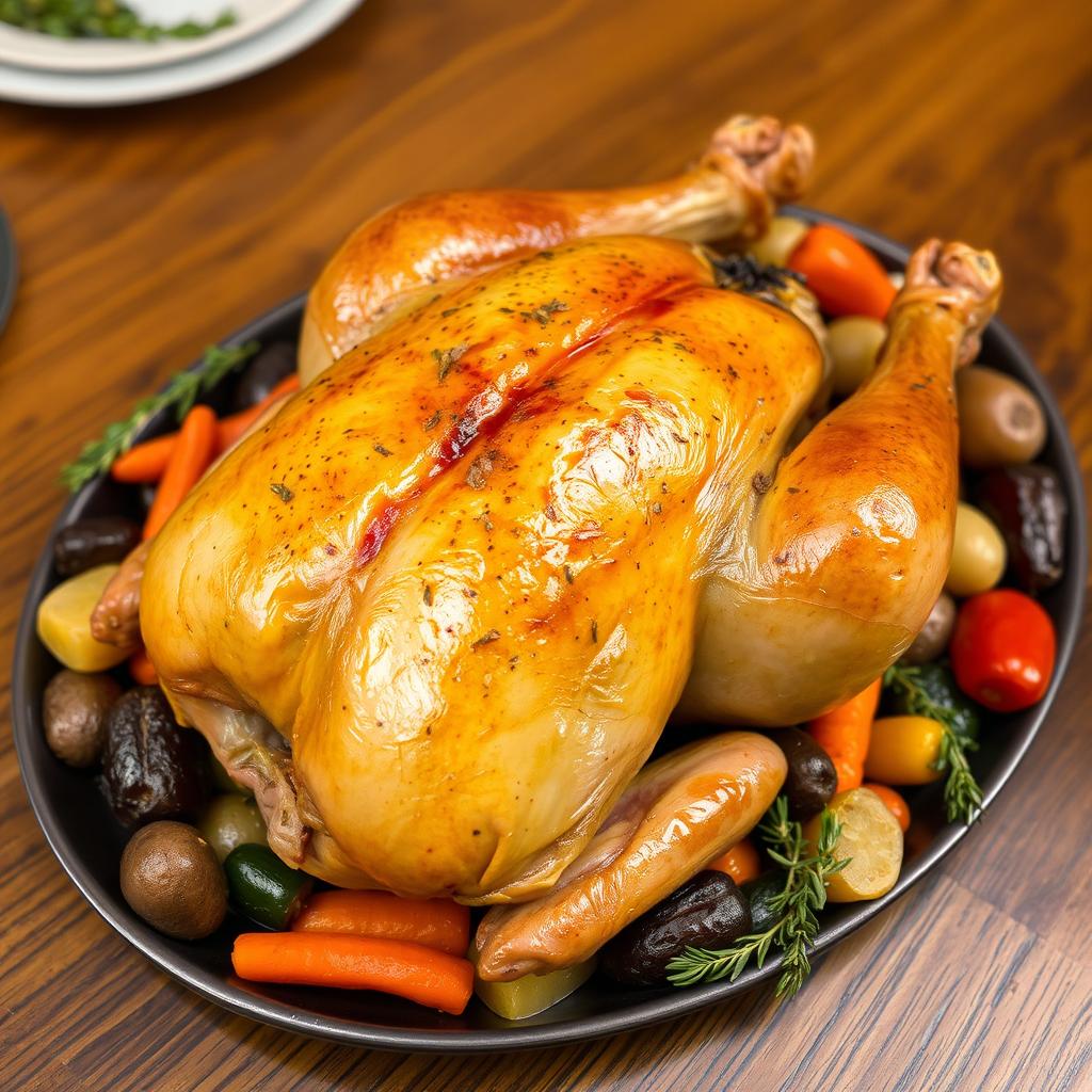 A beautifully roasted whole chicken, garnished with herbs and surrounded by a colorful arrangement of roasted vegetables including carrots, potatoes, and bell peppers, served on an elegant wooden table