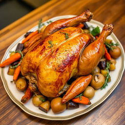 A beautifully roasted whole chicken, garnished with herbs and surrounded by a colorful arrangement of roasted vegetables including carrots, potatoes, and bell peppers, served on an elegant wooden table