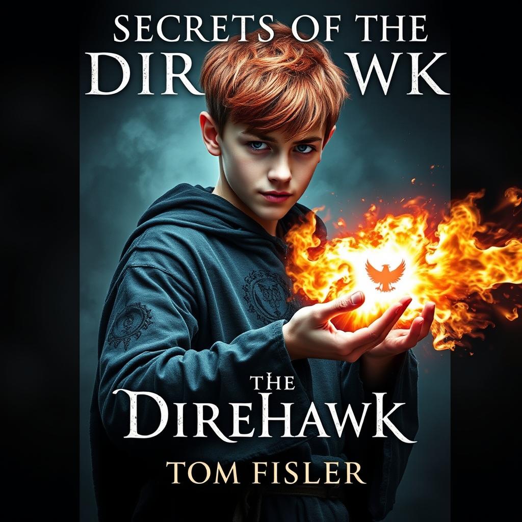 An eerie and captivating ebook cover for a dark magic novel titled 'Secrets of the Direhawk' by author Tom Fisher
