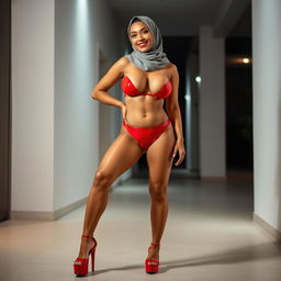 A smiling woman wearing a hijab, showcasing her toned chest and muscular legs