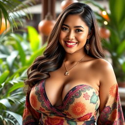 A stunningly beautiful Indonesian woman with very large breasts, radiating confidence and grace