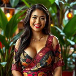 A stunningly beautiful Indonesian woman with very large breasts, radiating confidence and grace
