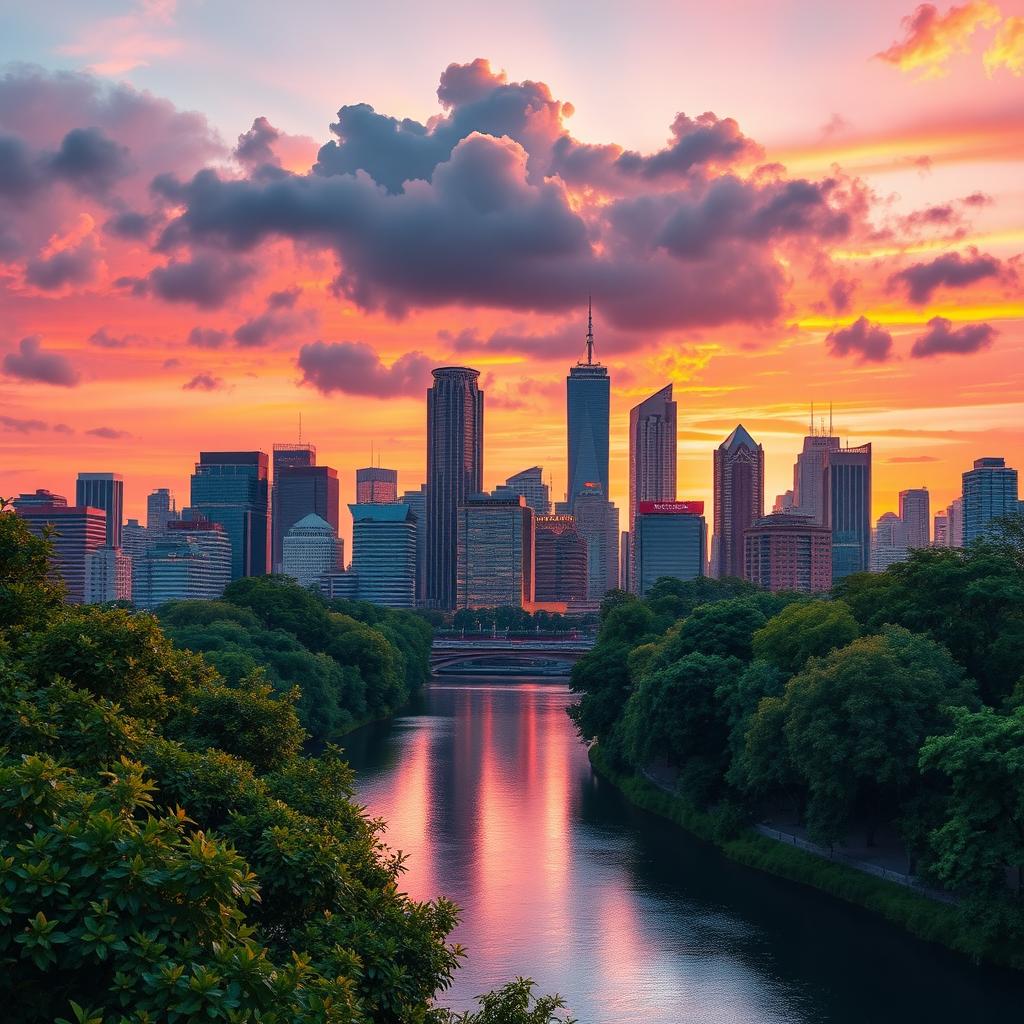 A stylish and trendy background featuring a vibrant cityscape at sunset, with skyscrapers glowing in shades of orange, pink, and purple