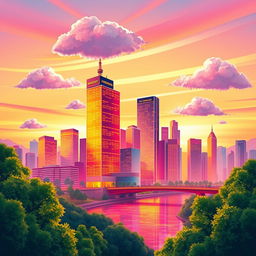 A stylish and trendy background featuring a vibrant cityscape at sunset, with skyscrapers glowing in shades of orange, pink, and purple