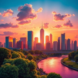 A stylish and trendy background featuring a vibrant cityscape at sunset, with skyscrapers glowing in shades of orange, pink, and purple