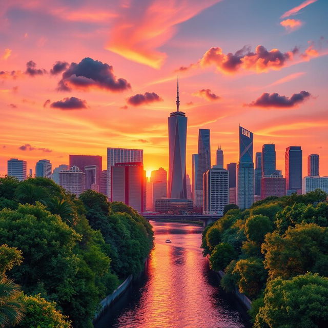 A stylish and trendy background featuring a vibrant cityscape at sunset, with skyscrapers glowing in shades of orange, pink, and purple