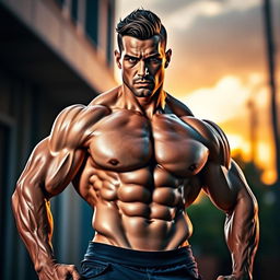 A visually striking, muscular male figure showcasing chiseled abs, standing confidently in a dramatic, artistic pose