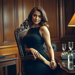 A stylish and elegant curved secretary with an attractive physique, seated gracefully in an ornate, vintage office chair