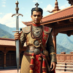 A young Prithvi Narayan Shah standing proudly in a traditional Nepali palace, dressed in ornate royal attire with intricate designs, holding a gleaming sword in his right hand