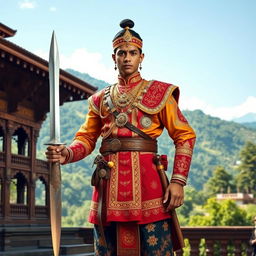 A young Prithvi Narayan Shah standing proudly in a traditional Nepali palace, dressed in ornate royal attire with intricate designs, holding a gleaming sword in his right hand