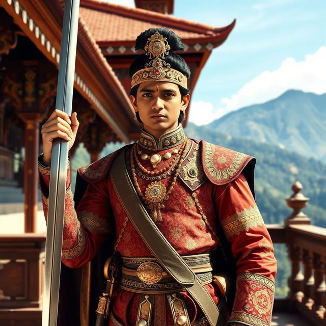 A young Prithvi Narayan Shah standing proudly in a traditional Nepali palace, dressed in ornate royal attire with intricate designs, holding a gleaming sword in his right hand