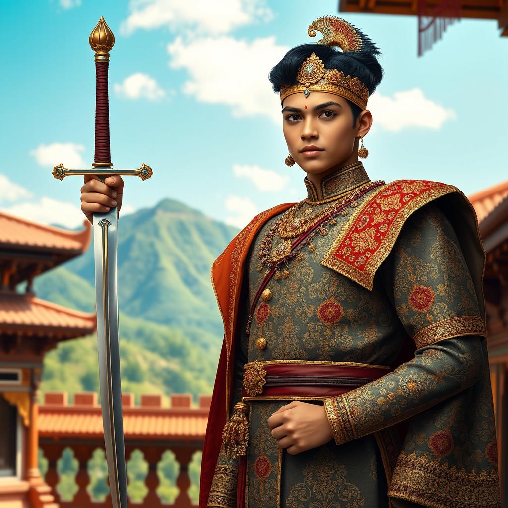 A young Prithvi Narayan Shah standing proudly in a traditional Nepali palace, dressed in ornate royal attire with intricate designs, holding a gleaming sword in his right hand